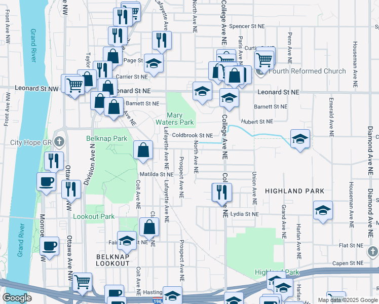 map of restaurants, bars, coffee shops, grocery stores, and more near 342 Cedar Street Northeast in Grand Rapids