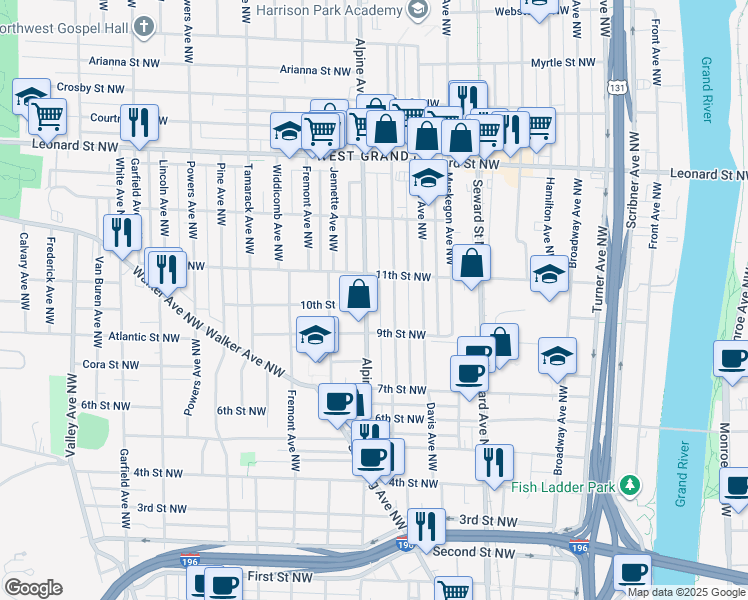 map of restaurants, bars, coffee shops, grocery stores, and more near 936 Alpine Avenue Northwest in Grand Rapids