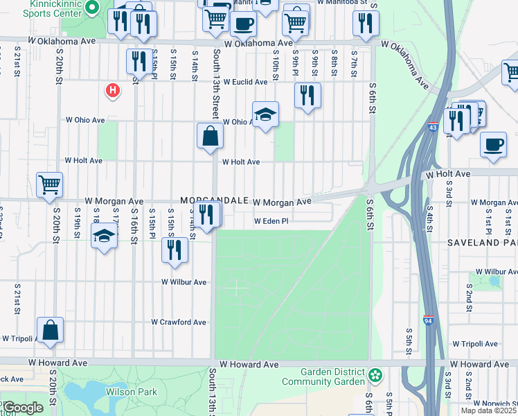 map of restaurants, bars, coffee shops, grocery stores, and more near 1001 West Morgan Avenue in Milwaukee