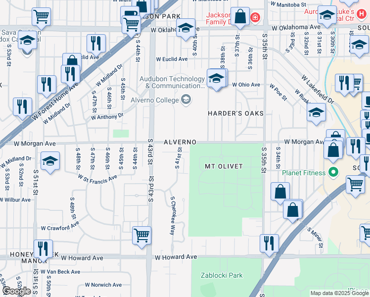 map of restaurants, bars, coffee shops, grocery stores, and more near 4011 West Morgan Avenue in Milwaukee