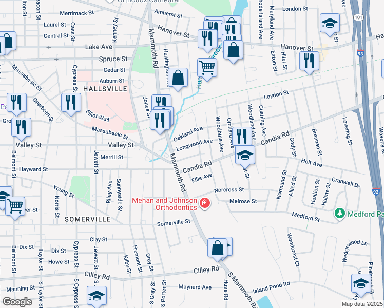 map of restaurants, bars, coffee shops, grocery stores, and more near 66 Wayland Avenue in Manchester