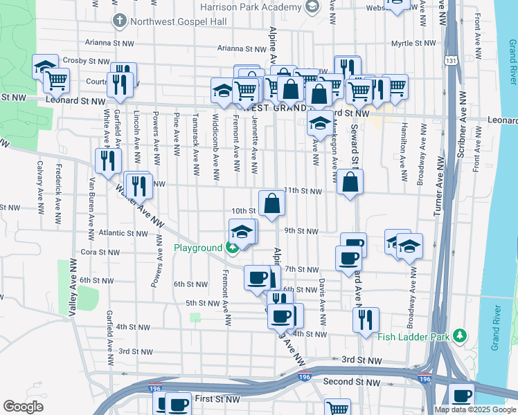 map of restaurants, bars, coffee shops, grocery stores, and more near 825 10th Street Northwest in Grand Rapids