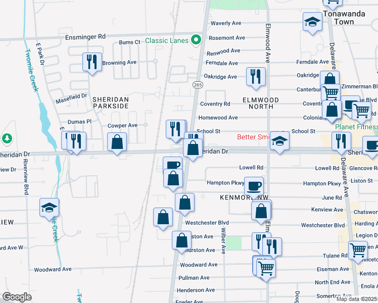 map of restaurants, bars, coffee shops, grocery stores, and more near Sheridan Drive & Military Road in Tonawanda