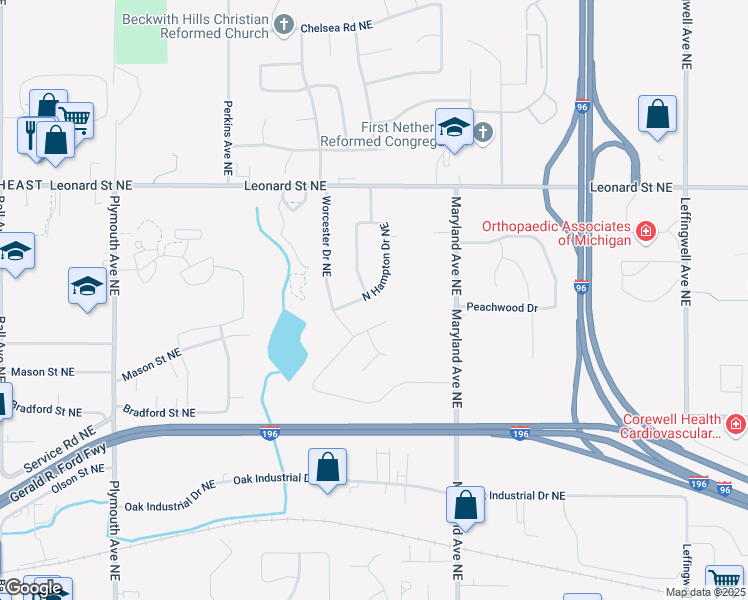 map of restaurants, bars, coffee shops, grocery stores, and more near 1010 North Hampton Drive Northeast in Grand Rapids
