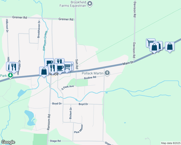 map of restaurants, bars, coffee shops, grocery stores, and more near 10821 Main Street in Clarence