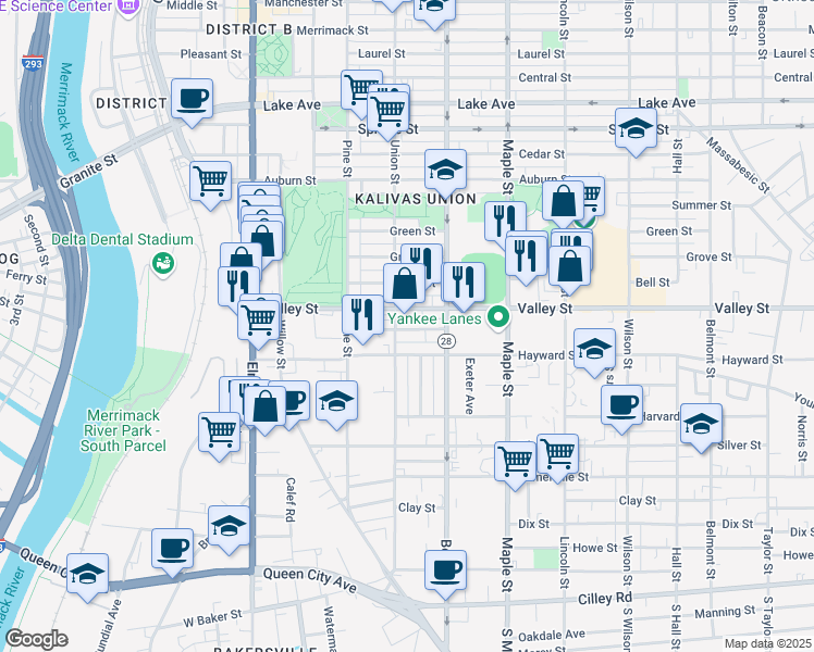 map of restaurants, bars, coffee shops, grocery stores, and more near 217 Union Street in Manchester