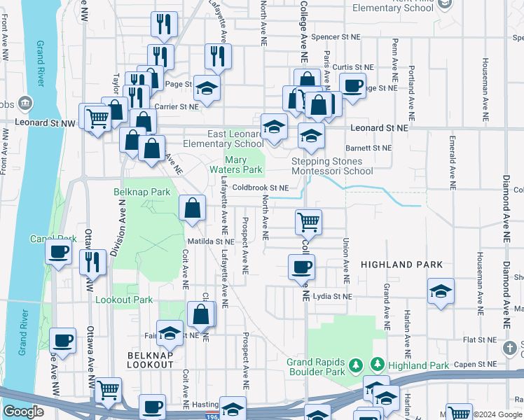map of restaurants, bars, coffee shops, grocery stores, and more near 358 Cedar Street Northeast in Grand Rapids