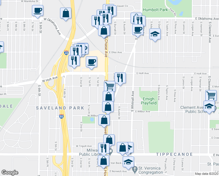 map of restaurants, bars, coffee shops, grocery stores, and more near 3502 South Chase Avenue in Milwaukee