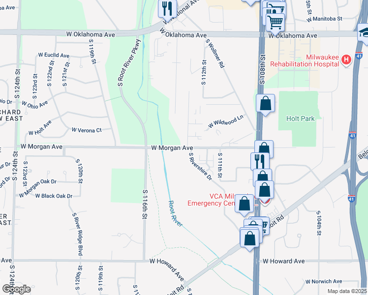 map of restaurants, bars, coffee shops, grocery stores, and more near 11215 West Morgan Avenue in Greenfield