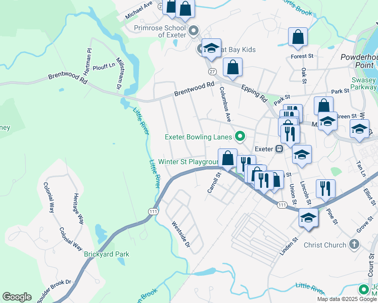 map of restaurants, bars, coffee shops, grocery stores, and more near 22 Wentworth Street in Exeter