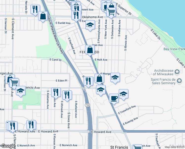 map of restaurants, bars, coffee shops, grocery stores, and more near 2313A East Morgan Avenue in Milwaukee
