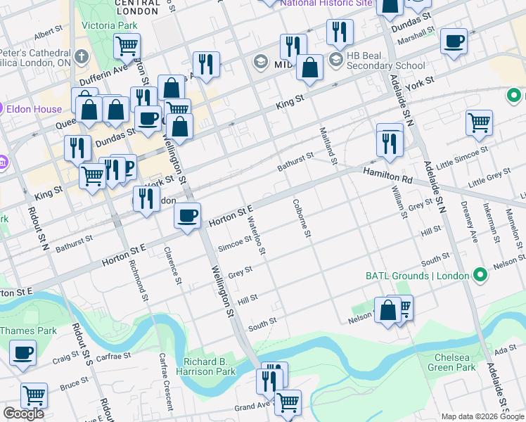 map of restaurants, bars, coffee shops, grocery stores, and more near 345 Horton Street East in London