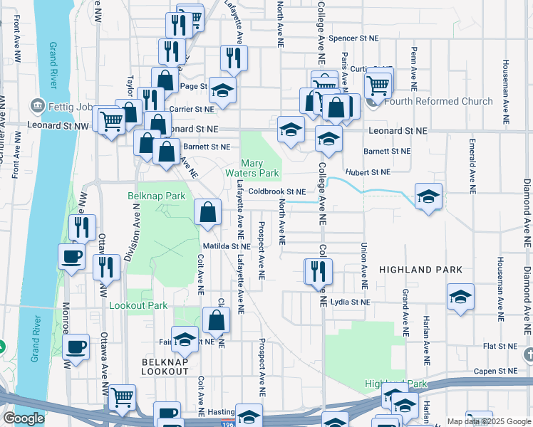 map of restaurants, bars, coffee shops, grocery stores, and more near 342 Cedar Street Northeast in Grand Rapids