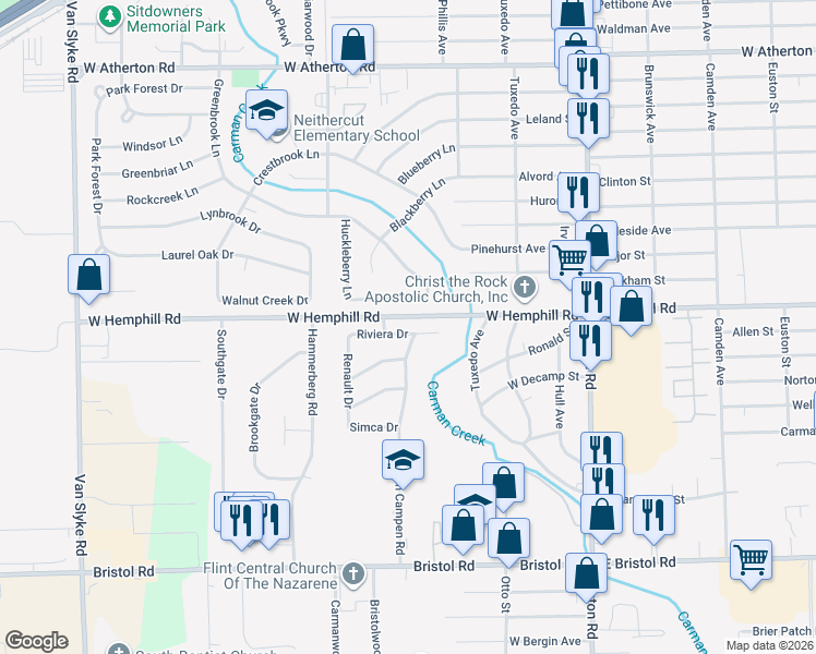 map of restaurants, bars, coffee shops, grocery stores, and more near 1198 Riviera Drive in Flint