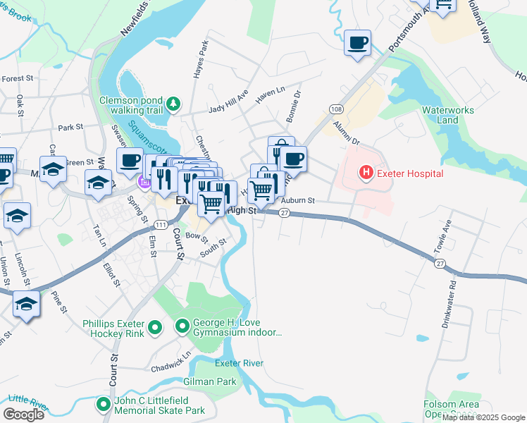 map of restaurants, bars, coffee shops, grocery stores, and more near in Exeter