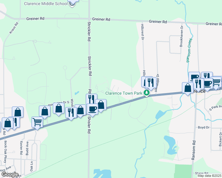 map of restaurants, bars, coffee shops, grocery stores, and more near 10338 Main Street in Clarence