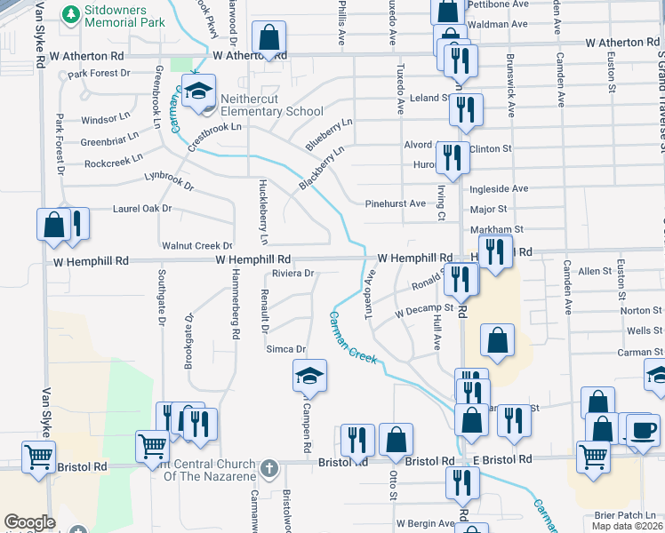 map of restaurants, bars, coffee shops, grocery stores, and more near 1162 Riviera Drive in Flint