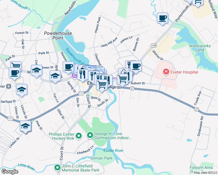 map of restaurants, bars, coffee shops, grocery stores, and more near 3 High Street in Exeter