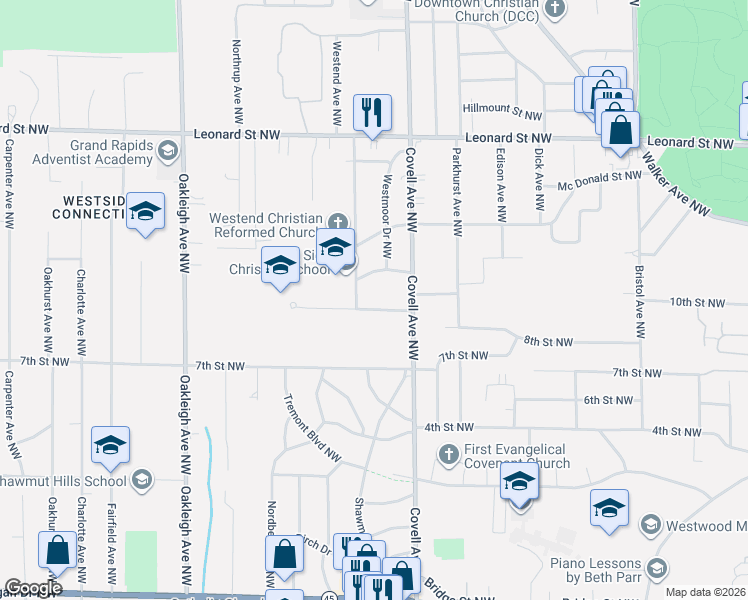 map of restaurants, bars, coffee shops, grocery stores, and more near 905 Westmoor Drive Northwest in Grand Rapids