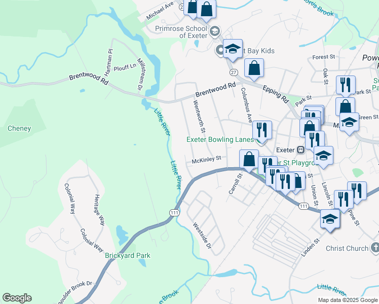 map of restaurants, bars, coffee shops, grocery stores, and more near 2 Crestview Drive in Exeter