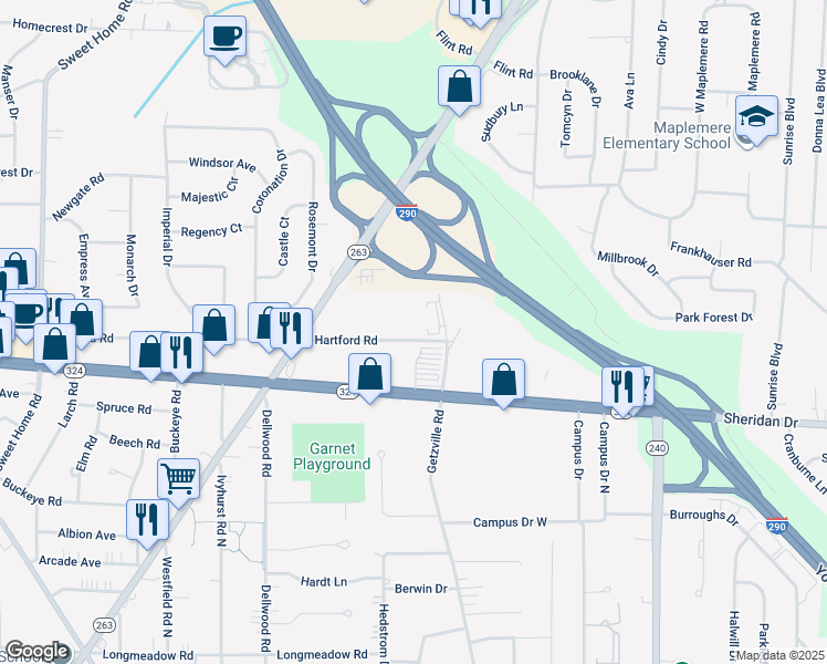 map of restaurants, bars, coffee shops, grocery stores, and more near 386 Hartford Road in Buffalo