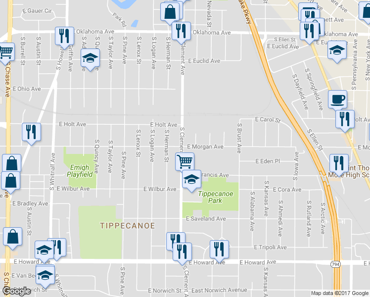 map of restaurants, bars, coffee shops, grocery stores, and more near 3500 South Clement Avenue in Milwaukee