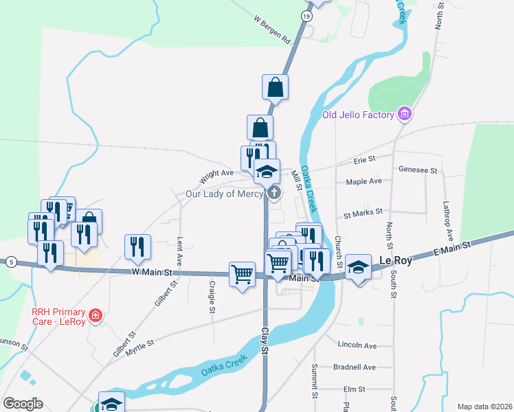 map of restaurants, bars, coffee shops, grocery stores, and more near 47 Lake Street in Le Roy