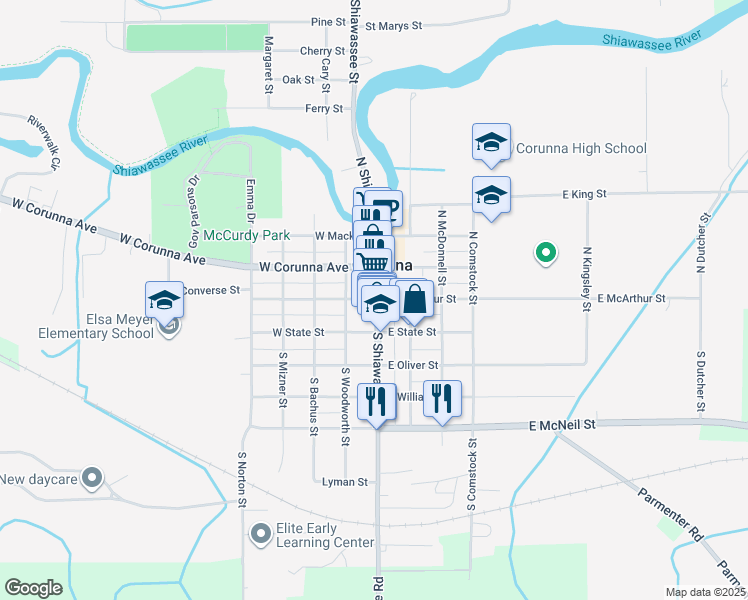 map of restaurants, bars, coffee shops, grocery stores, and more near 115 West Mcarthur Street in Corunna