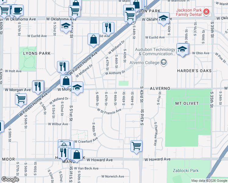 map of restaurants, bars, coffee shops, grocery stores, and more near 4603 West Morgan Avenue in Greenfield