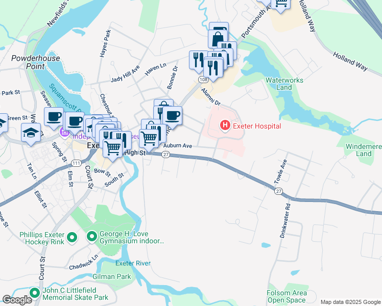 map of restaurants, bars, coffee shops, grocery stores, and more near 72 High Street in Exeter