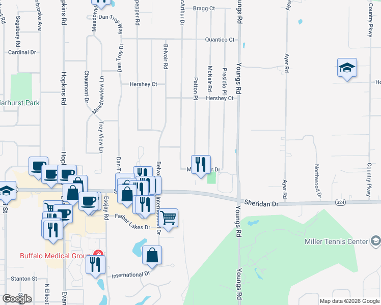 map of restaurants, bars, coffee shops, grocery stores, and more near 279 Patton Place in Buffalo