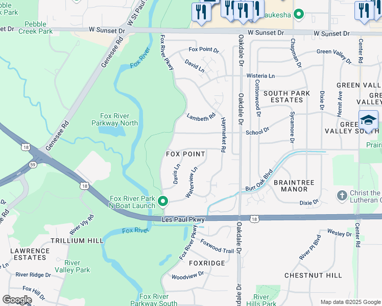 map of restaurants, bars, coffee shops, grocery stores, and more near 1251 Market Place in Waukesha