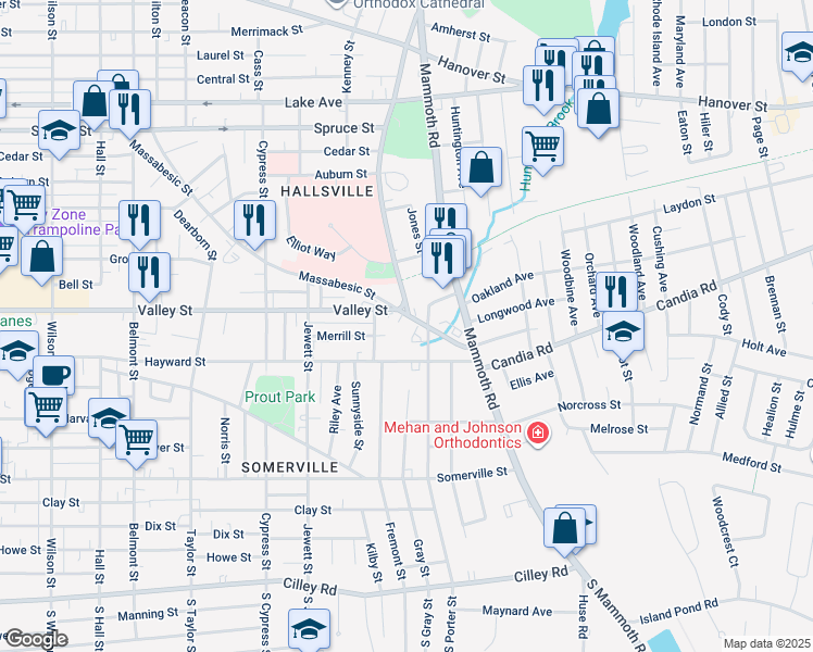 map of restaurants, bars, coffee shops, grocery stores, and more near 683 Massabesic Street in Manchester
