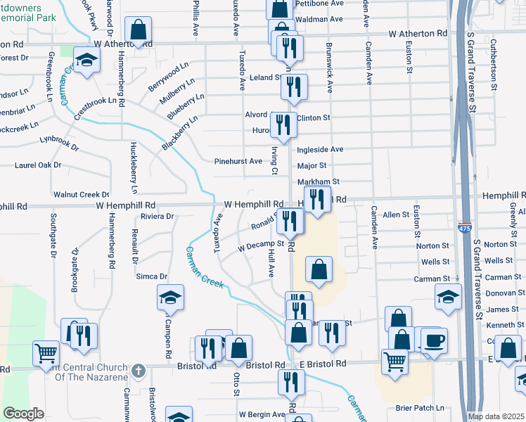 map of restaurants, bars, coffee shops, grocery stores, and more near 1027 West Hemphill Road in Flint