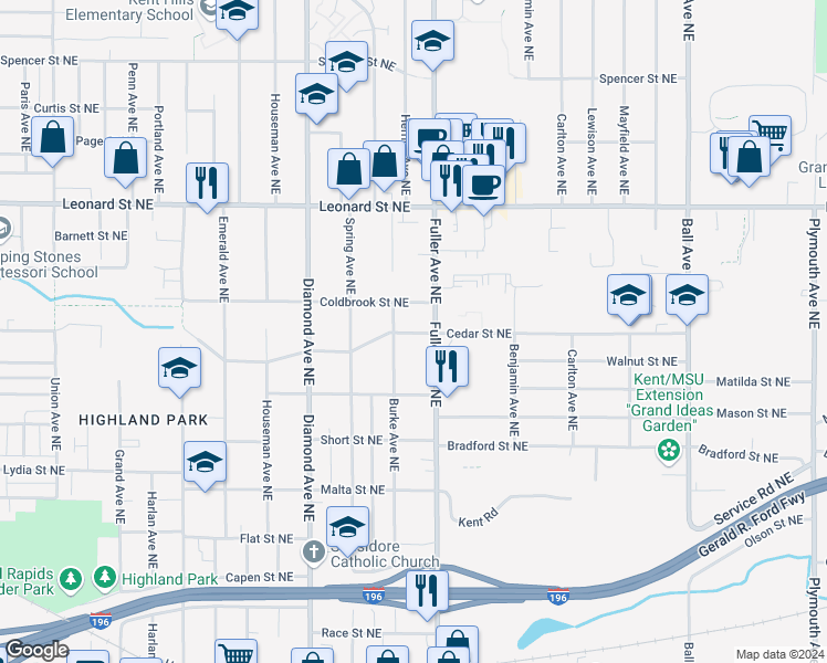 map of restaurants, bars, coffee shops, grocery stores, and more near 1107 Carrier Creek Boulevard Northeast in Grand Rapids