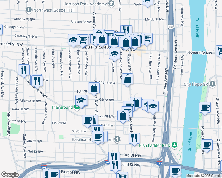 map of restaurants, bars, coffee shops, grocery stores, and more near 945 Davis Avenue Northwest in Grand Rapids