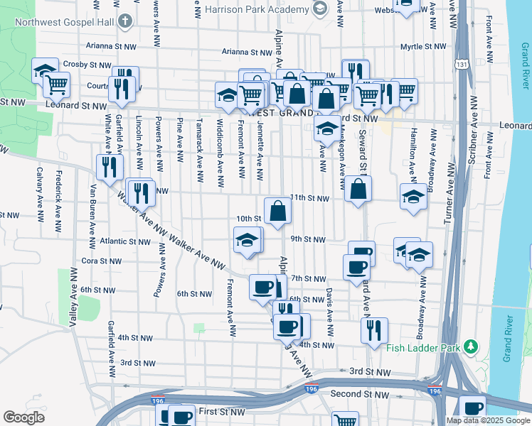 map of restaurants, bars, coffee shops, grocery stores, and more near 825 10th Street Northwest in Grand Rapids