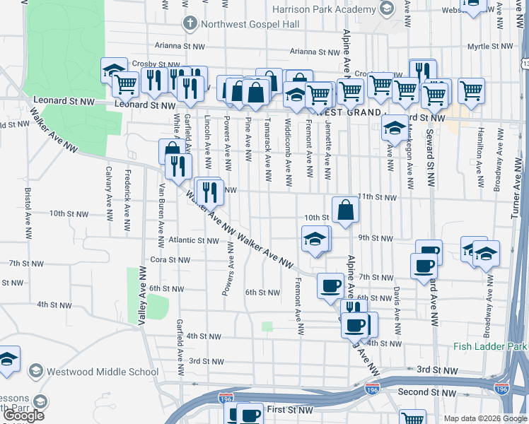 map of restaurants, bars, coffee shops, grocery stores, and more near 954 Pine Avenue Northwest in Grand Rapids