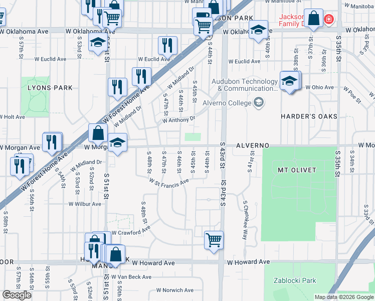 map of restaurants, bars, coffee shops, grocery stores, and more near 4435 West Morgan Avenue in Greenfield