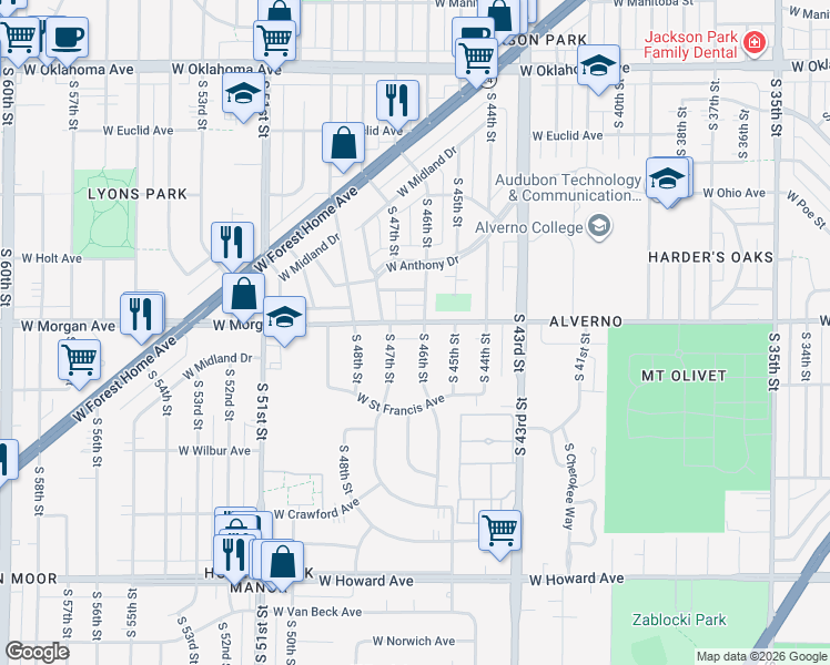 map of restaurants, bars, coffee shops, grocery stores, and more near 4603 West Morgan Avenue in Greenfield