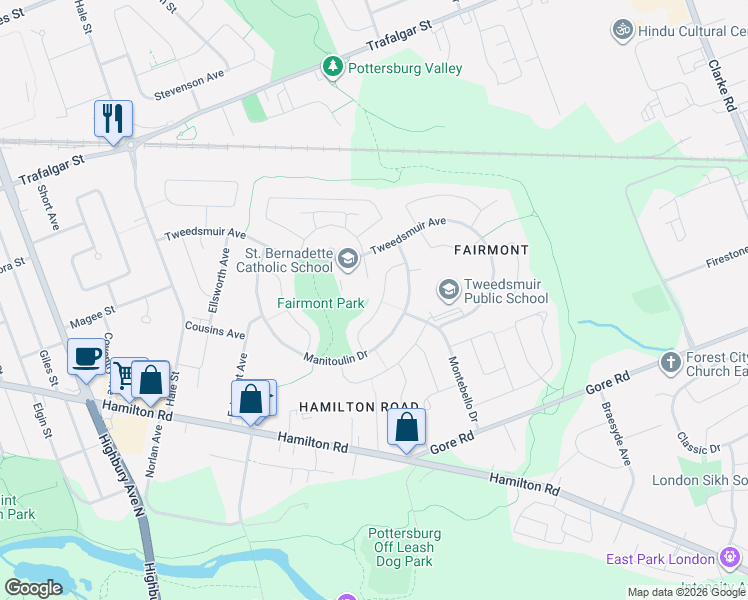 map of restaurants, bars, coffee shops, grocery stores, and more near 50 Algonquin Crescent in London