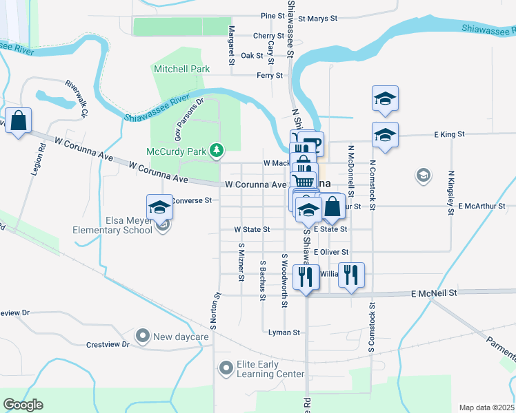 map of restaurants, bars, coffee shops, grocery stores, and more near 324 W Mcarthur St in Corunna