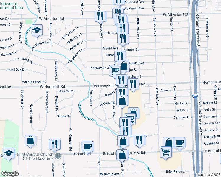 map of restaurants, bars, coffee shops, grocery stores, and more near 1027 West Hemphill Road in Flint