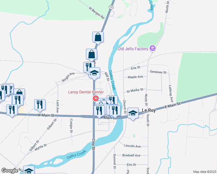 map of restaurants, bars, coffee shops, grocery stores, and more near 43 Mill Street in Le Roy