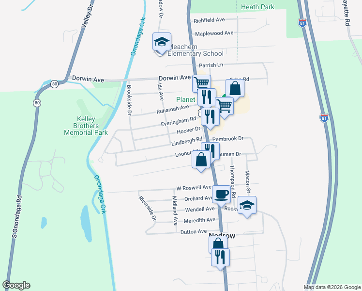 map of restaurants, bars, coffee shops, grocery stores, and more near 119 Lindbergh Road in Syracuse