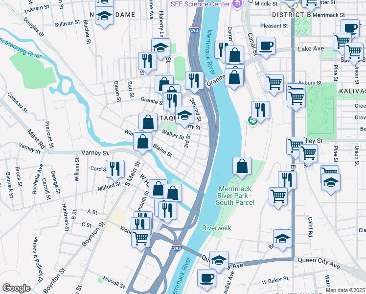 map of restaurants, bars, coffee shops, grocery stores, and more near 125 3rd Street in Manchester