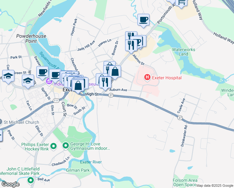 map of restaurants, bars, coffee shops, grocery stores, and more near 60 High Street in Exeter