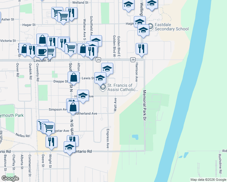 map of restaurants, bars, coffee shops, grocery stores, and more near 74 Watt Avenue in Welland