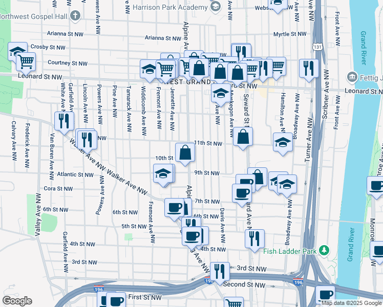 map of restaurants, bars, coffee shops, grocery stores, and more near 936 Alpine Avenue Northwest in Grand Rapids