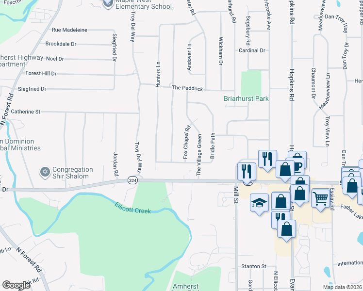 map of restaurants, bars, coffee shops, grocery stores, and more near 31 Surrey Run in Buffalo